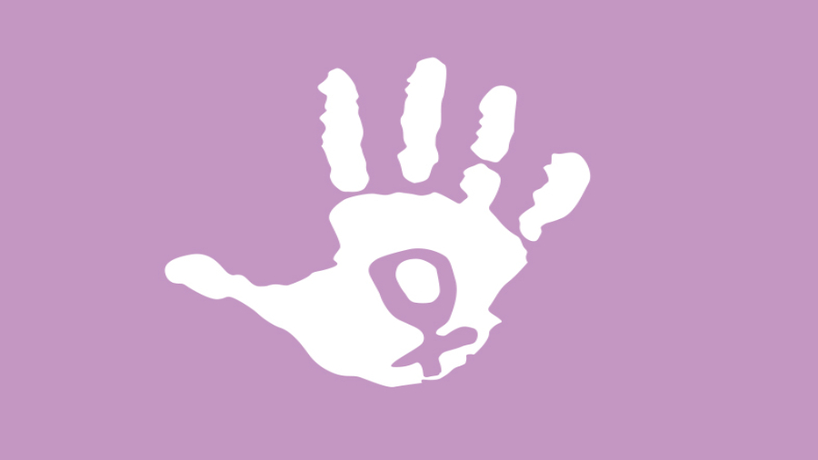 Fons lila amb una mà blanca amb el símbol de la dona, respresenta el moviment feminista